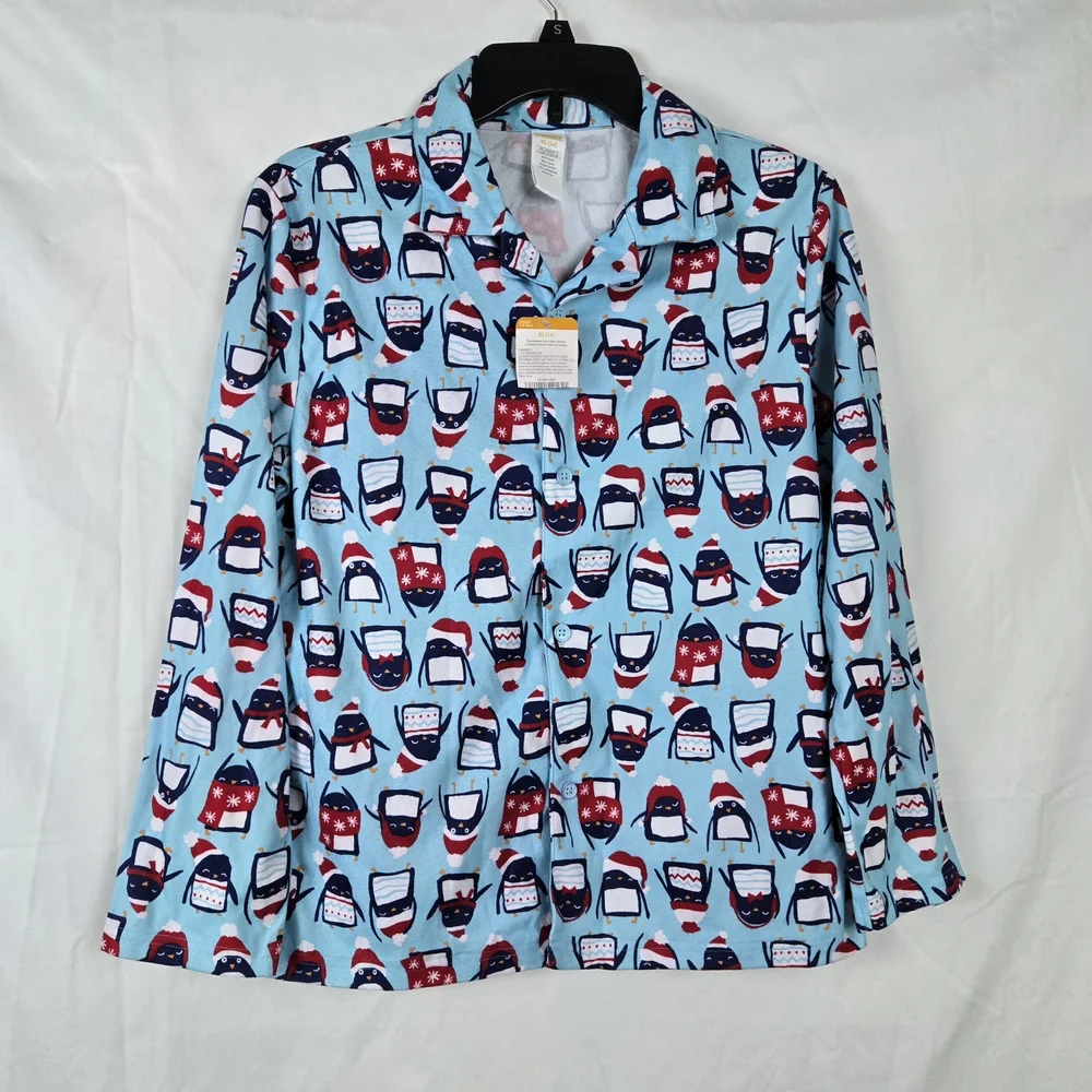 Gymboree Boys Blue Penguin Christmas Holiday Flannel Button Up Pajama Top XL NEW